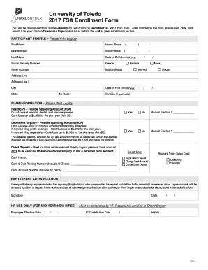 Fillable Online Utoledo University Of Toledo 2017 FSA Enrollment Form