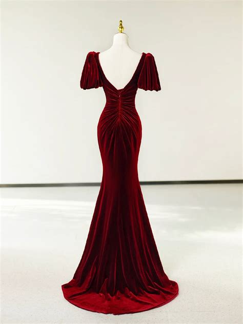 Burgundy Short Sleeve Pleated Velvet Long Mermaid Prom Dress With Slit