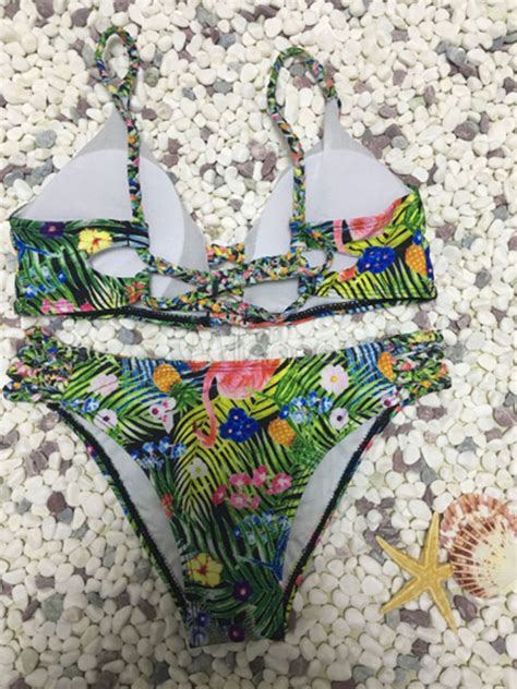 Piece Swimsuit Sexy Strappy Sleeveless Floral Printed Cross Back Bikini Swimwear Set Milanoo