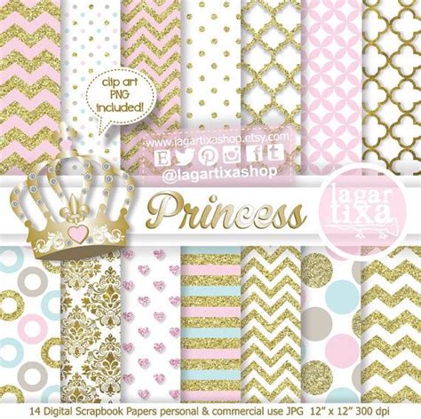 Princess Digital Paper Gold Glitter Stripes Pale Pink Turquoise