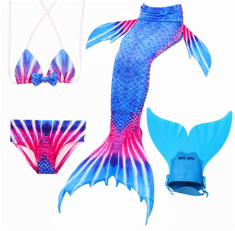 4PCS Set Blue Swimmable Mermaid Tail With Monofin Girl Swimwear Costume