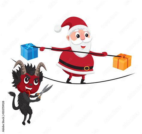 Cute Cartoon Style Vector Illustration Of Krampus Sabotaging Santa