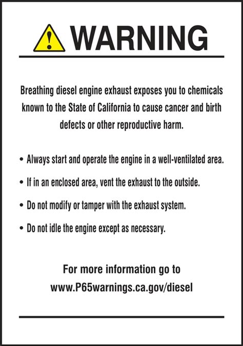 Prop 65 Diesel Engine Exposure Safety Label Cancer And Reproductive Harm Lcaw626xve