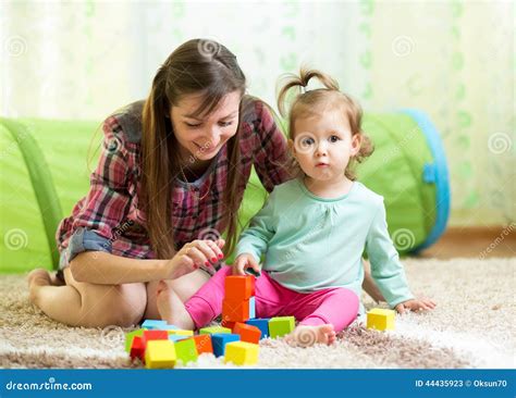 Mom and Child Daughter Play Block Toys Home Stock Image - Image of game