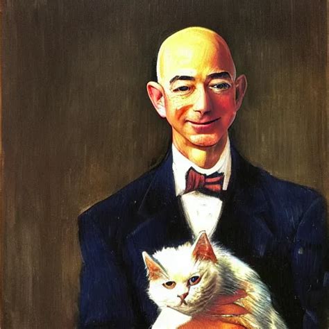 A Beautiful Oil Painting Of Jeff Bezos Holding A Cat Stable