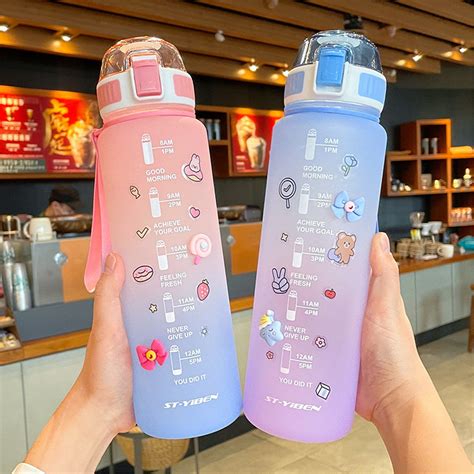 1100ml Gradient Pastel Water Bottle With Straw Sticker Water Bottle