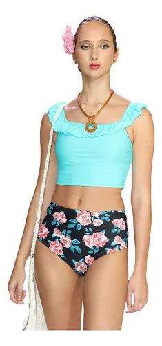 Bikini Sexy Cintura Alta Y Vuelos Chic Floral Gloriahoon Verde S Cuotas Sin Inter S