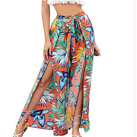 Womens Split Wide Leg Boho Pants Casual Floral Print Palazzo Pants