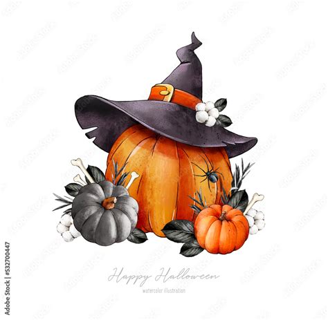 Watercolor Halloween Illustration With A Witch Hat Bones Pumpkins Black Flowers And Leaves