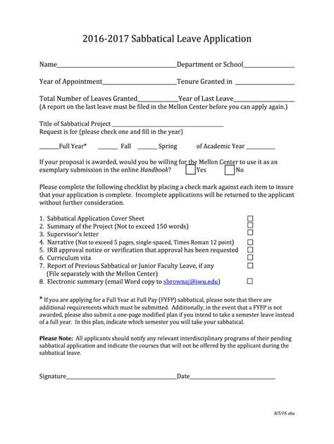 Fillable Online Iwu 2016 2017 Sabbatical Leave Application Fax Email