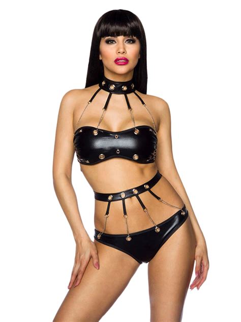 Black Sexy Vinyl Lingerie Set Wonder Beauty Lingerie Dress Fashion Store