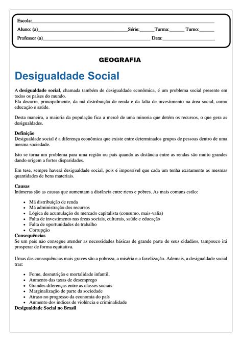 Texto Com Atividades Sobre Desigualdade Social No Brasil