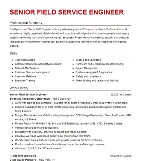 Senior Field Service Engineer Resume Example