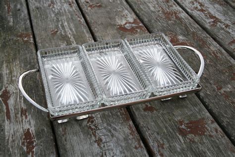 Vintage Glass And Silver Serving Tray With Set Of Three Glass Dishes Veggie And Relish Tray