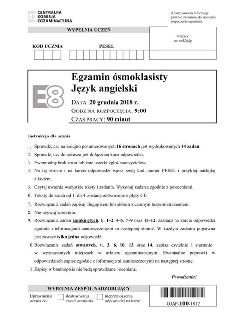 Próbny Egzamin ósmoklasisty 18 20 12 2018 Sprawdzian 8 Klasistów 2018