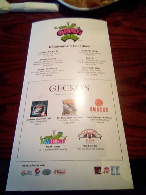 Menu At Geckos Grill And Pub Sarasota Palmer Crossing Cir