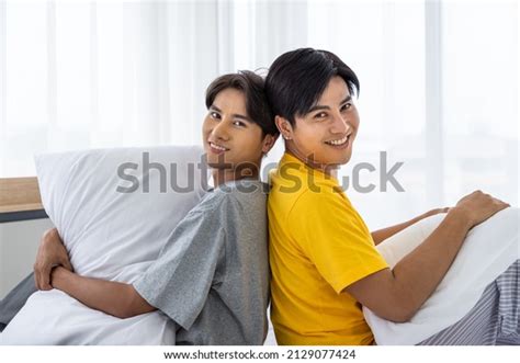Happy Asian Homosexual Gay Couple Sitting Stock Photo 2129077424 Shutterstock