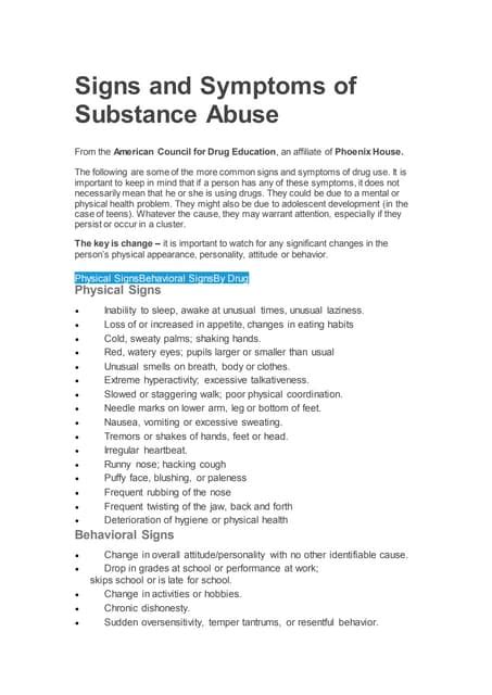 Signs and symptoms of substance abuse | PDF