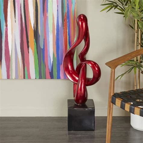 Litton Lane Red Polystone Swirl Abstract Sculpture With Black Base