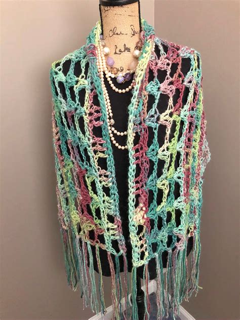 Multi Color Open Weave Crochet Shawl With Fringe Lacy Summer Etsy