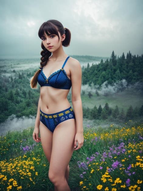 Una Mujer En Bikini Azul Se Encuentra En Un Campo De Flores Foto Premium