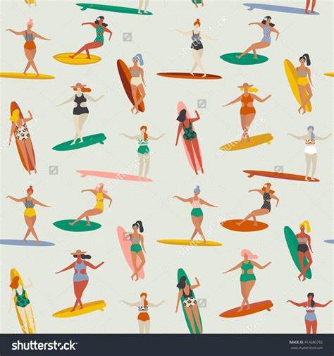 Surfing Illustration In Vector Girl Surfers In Bikini Seamless Pattern