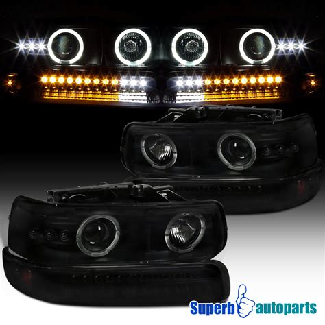 Fits 1999 2002 Silverado Black Smoke Halo Projector Headlights Led Bumper Lamp Ebay