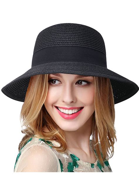 Straw Bonnet Womens Foldable Straw Sun Wide Brim Beach Straw Hat Black