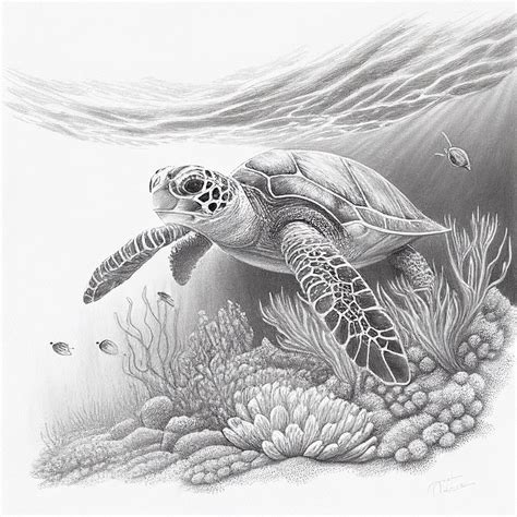 Realistic Sketch Of A Majestic Sea Turtle Swimming Over A Coral Reef Etsy