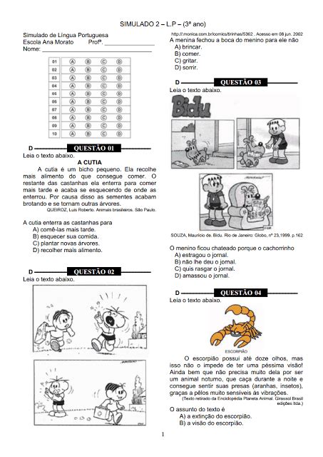 Simulado 5 Ano Lingua Portuguesa - SIMULADO LÍNGUA PORTUGUESA 3º ANO - SÓ ESCOLA