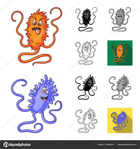 Types Of Funny Microbes Cartoon Black Flat Monochrome Outline Icons In