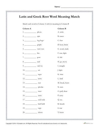 Greek And Latin Root Words Worksheets Meaning Match