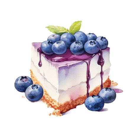 Watercolor Blueberry Cheesecake With Blueberries On A White Background