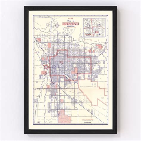 Downtown Tucson Arizona Map Tucson Arizona Map Art Print Poster
