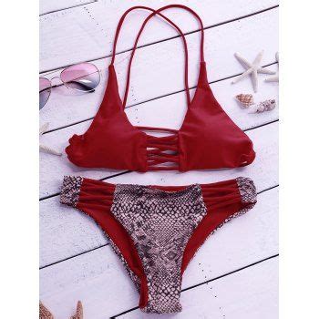 41 OFF 2025 Trendy Halter Criss Cross Hollow Out Printed Women S Bikini Set In DEEP RED