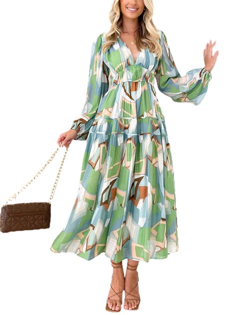 Wassery Women Floral Puff Sleeve Maxi Dress Bohemian V Neck Tiered Long Dress Layered Swing