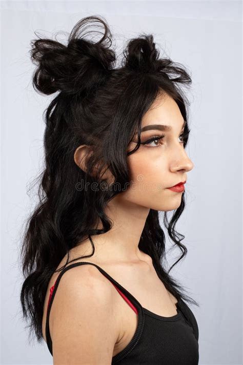 Model With Black Hair With Half Up Down Space Buns Hairstyle Style Rave