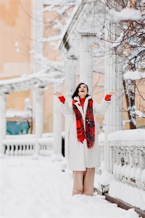 Attractive And Brunette Woman In A Plaid Jacket On A Naked Body Stock Image Image Of Smile