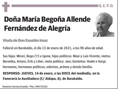 María Begoña Allende Fernández de Alegría Esquela Necrológica El Correo