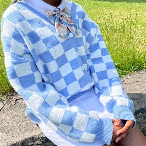 Light Blue And White Checkered Cardigan Shein Curved Depop