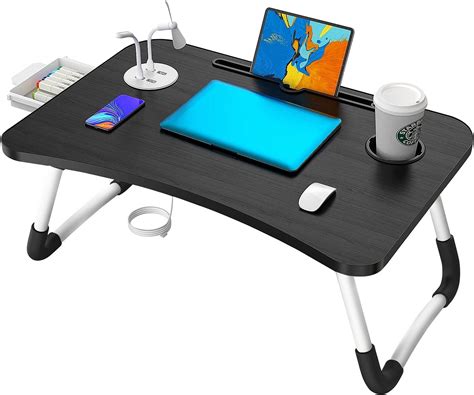 Foldable Lap Desk for Bed, Bed Tray Table with 4 USB Ports, Holder Slots, Cup Holder and Drawer ...