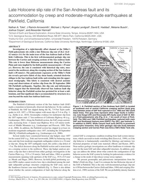 Pdf Late Holocene Slip Rate Of The San Andreas Fault And Its