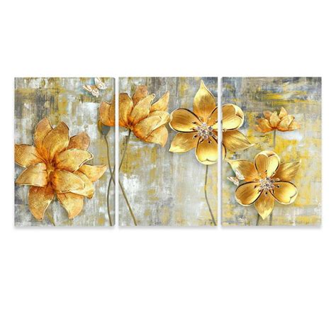 Quadro Flores Douradas Abstrato 120x60 Decorativo Para Sala