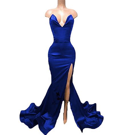 Red Royal Blue Sexy Formal Evening Gowns Split Side Deep V Neck Cheap