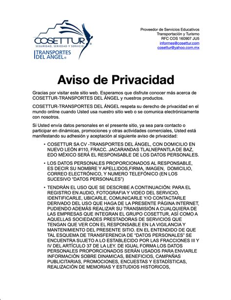 Aviso De Privacidad P Gina Web De Cosettur