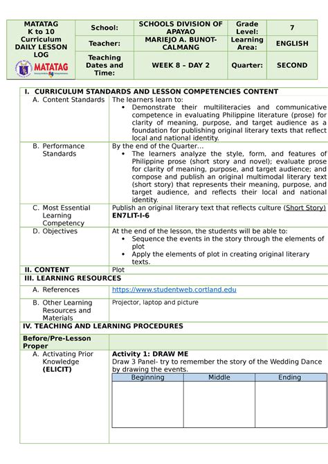 Lesson Exemplar In English 7 Matatag K To 10 Curriculum Daily Lesson