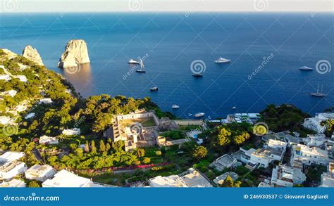 Faraglioni From Capri Town In Capri Italy Aerial View From Drone At