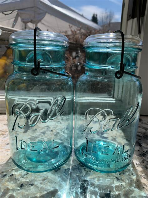 Set Of Vintage Ball Ideal Jar Quarts Glass Aqua Wire Bail Jars With