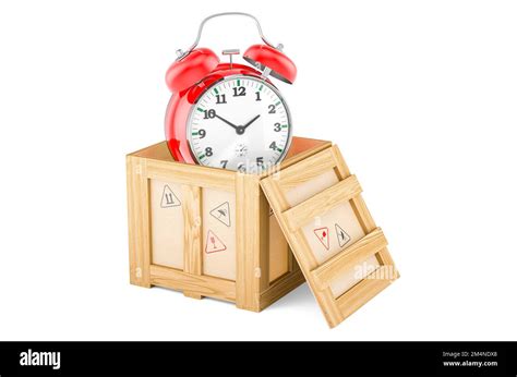 Alarm Clock Inside Wooden Box Delivery Concept 3d Rendering Isolated