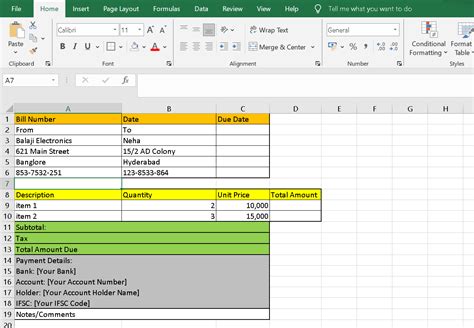 Bill Book format in excel - javatpoint